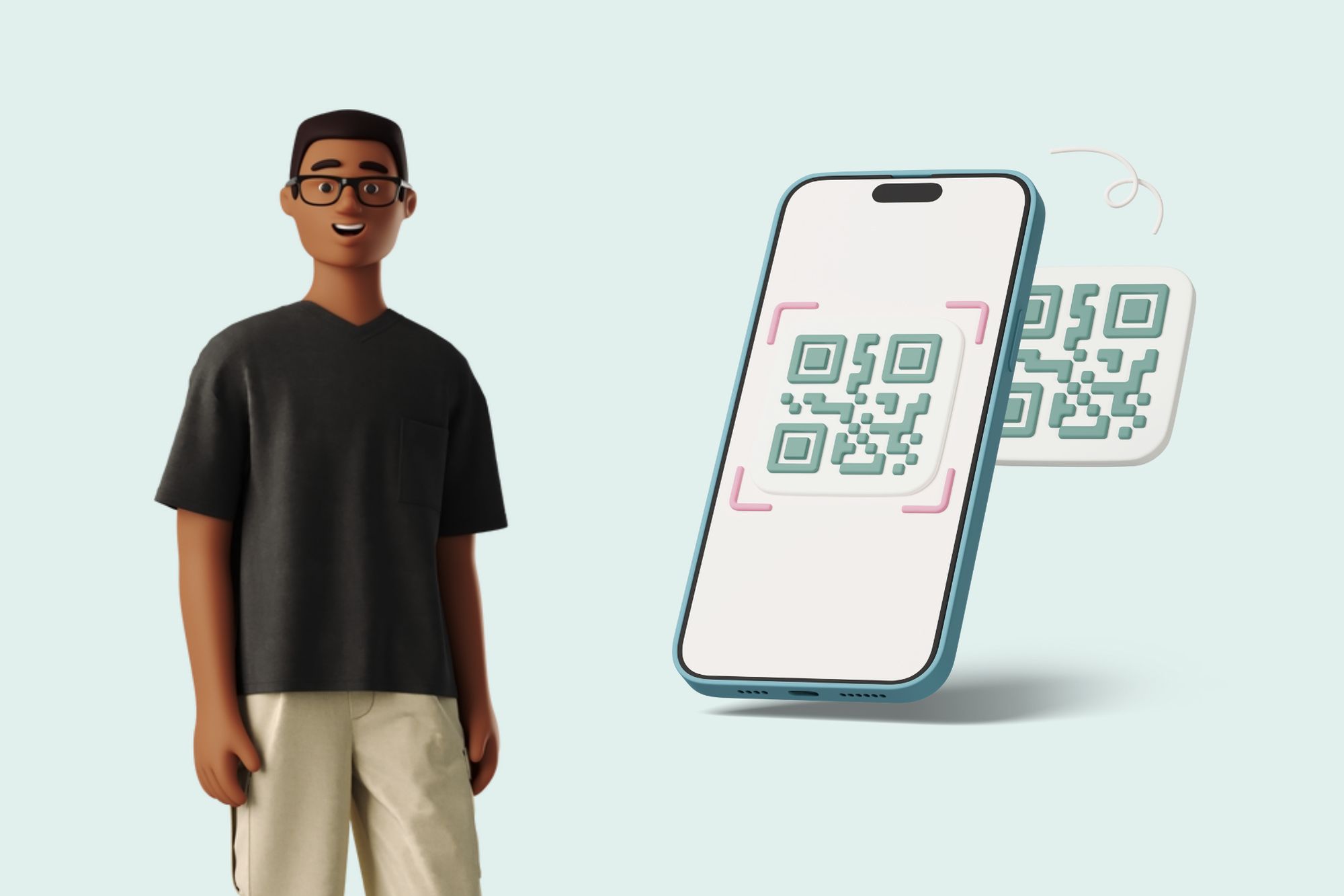 an illustration of a man with glasses next to a smartphone with a QR code
