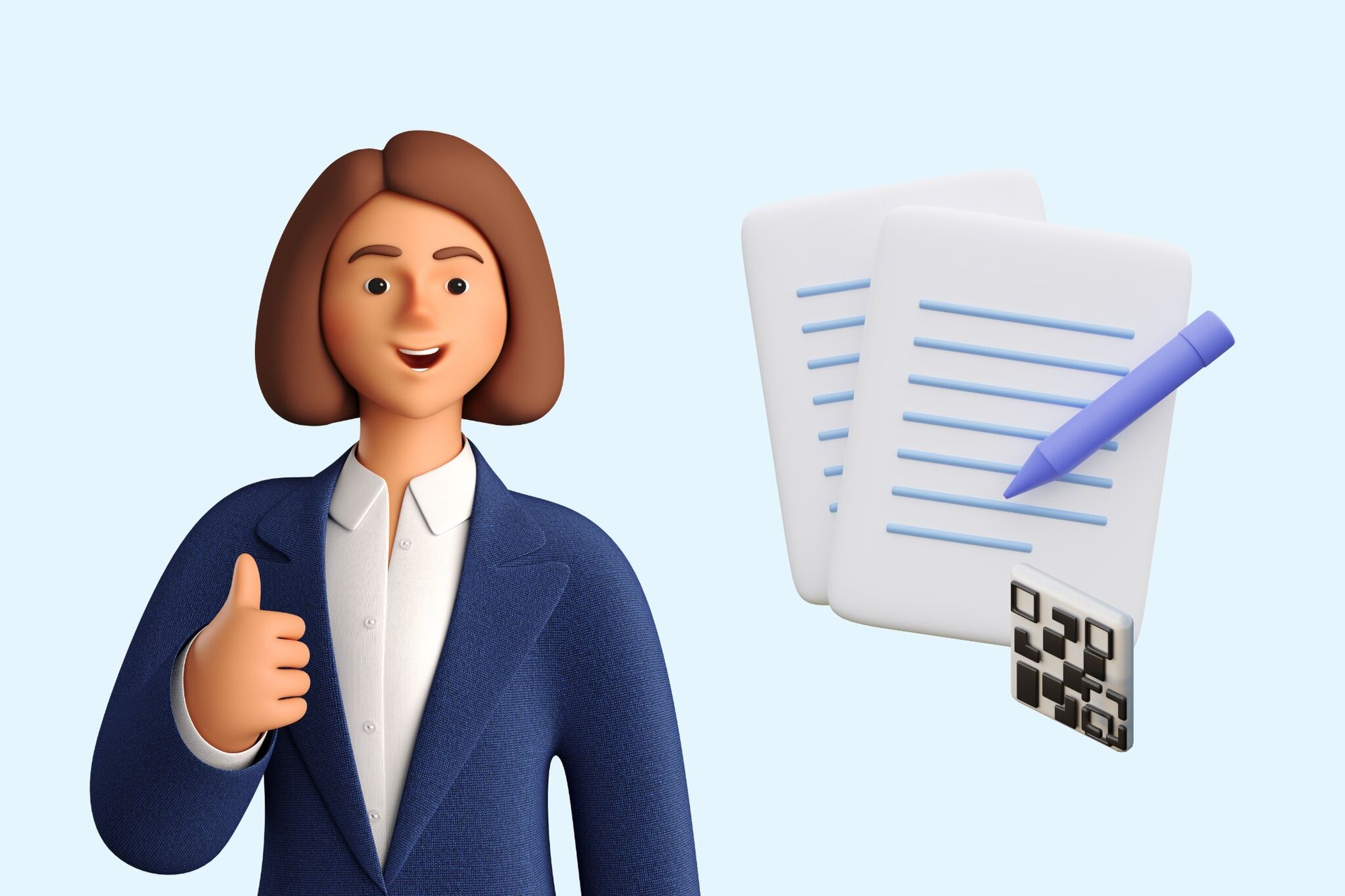 woman in suit and a document and QR code next to her