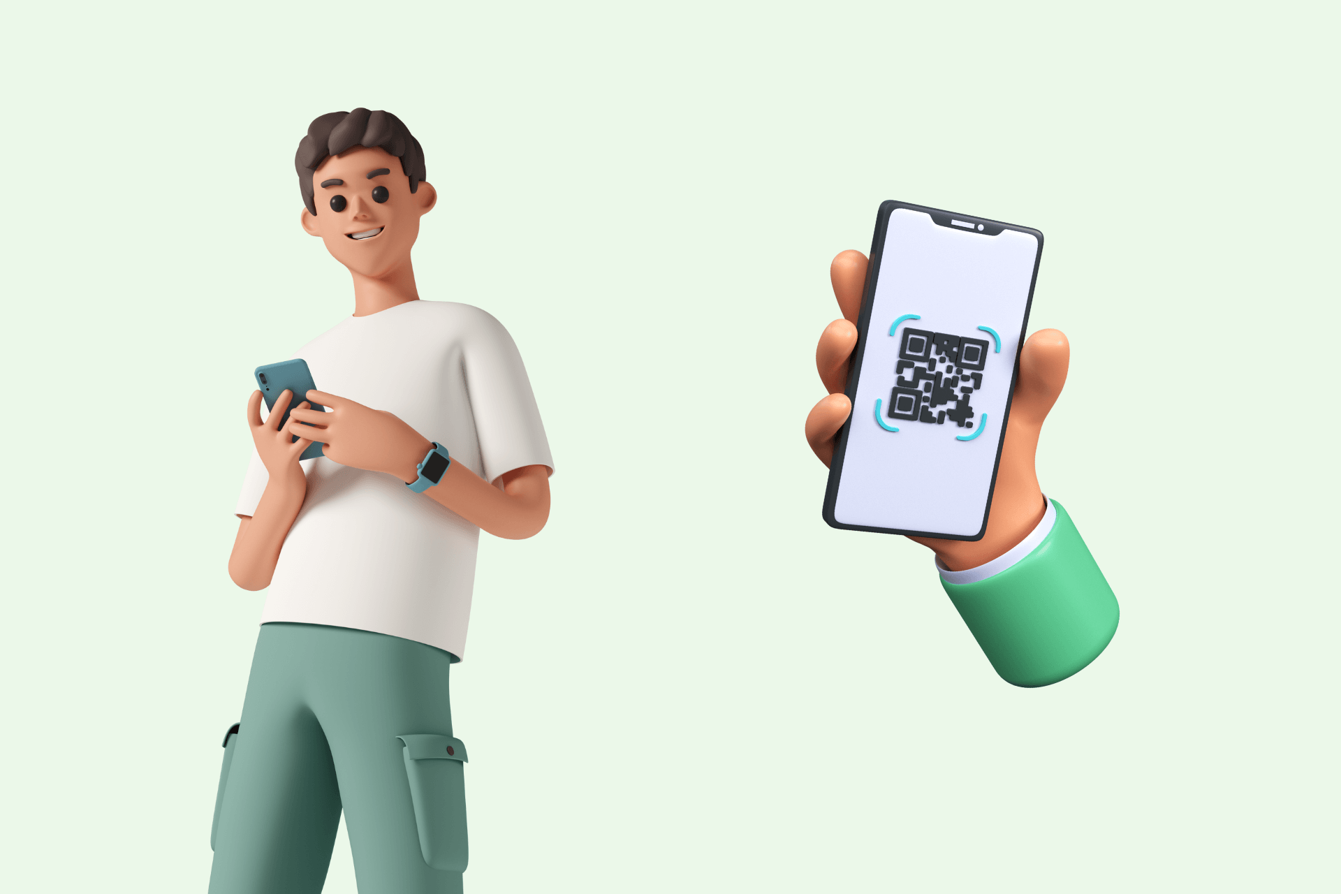 a man holding a phone and a phone with a QR code next to him