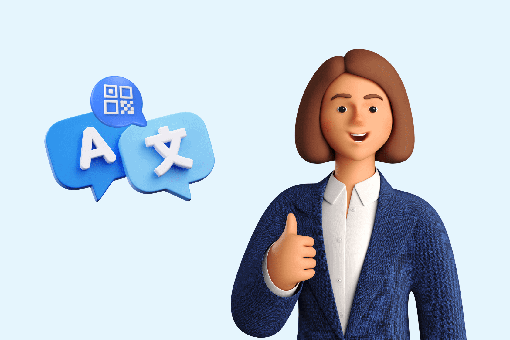 an illustration of a woman next to language QR code