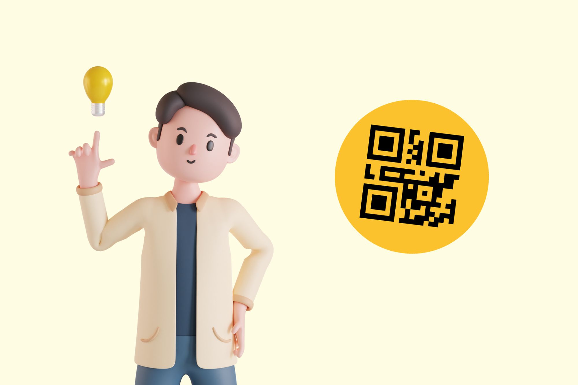 An illustration of a man with a light bulb and a QR code next to him