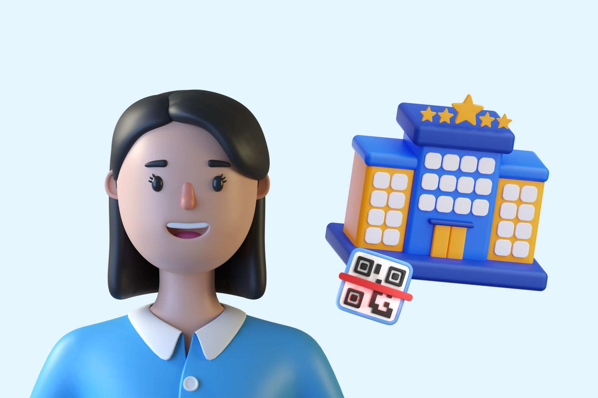 an illustration of a woman next to a hotel with a QR code