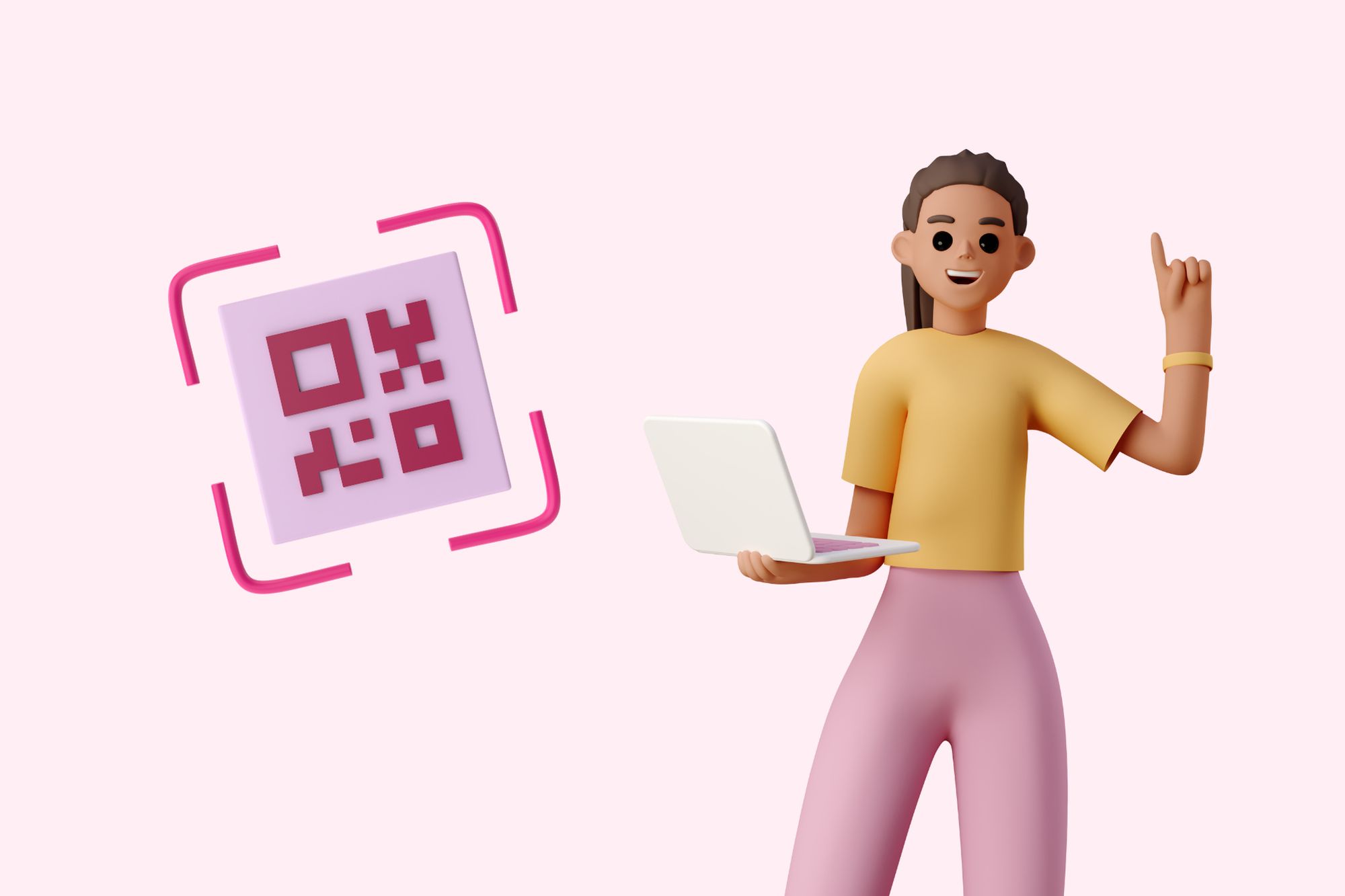 an illustration of a woman using a laptop next to a qr code