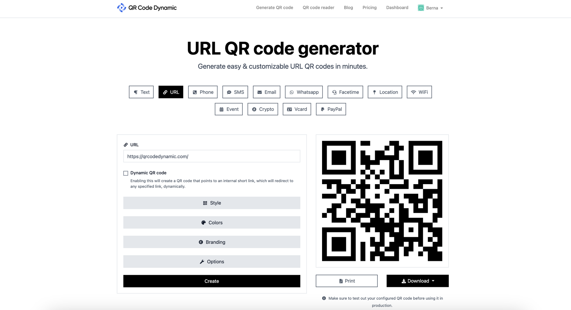 Screenshot of QR Code Dynamic URL generator interface showing app store link input and customization