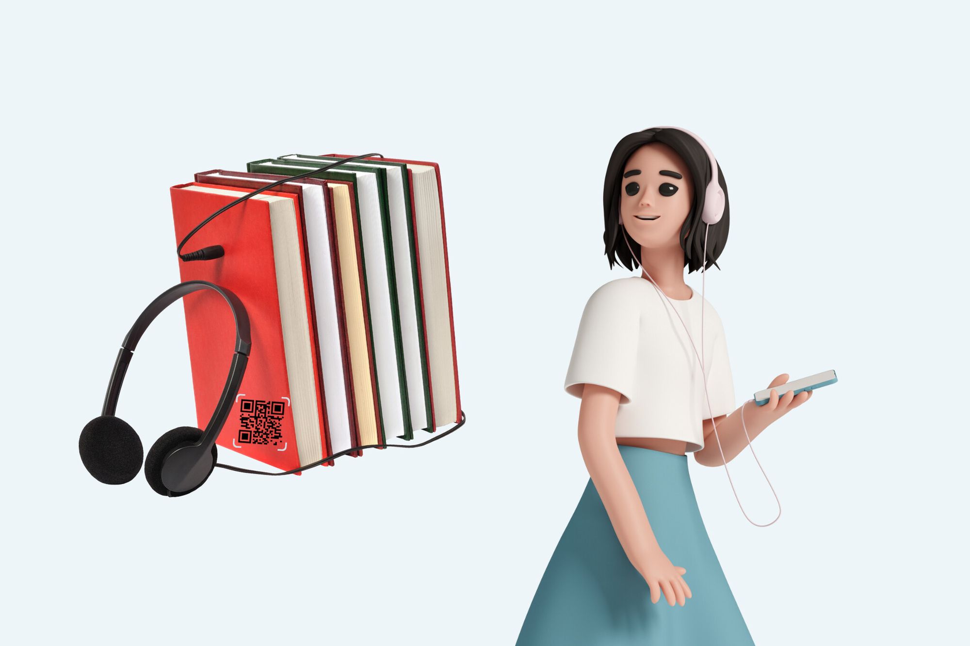 an illustration of a woman listening to an audiobook and a book with QR code next to her