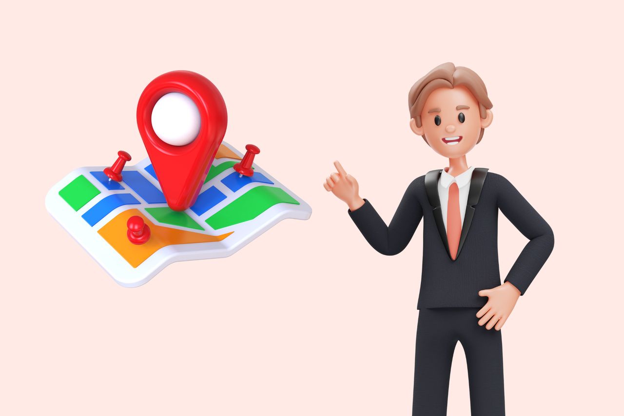 an illustration of a man in suit next to a map with location sign and pins