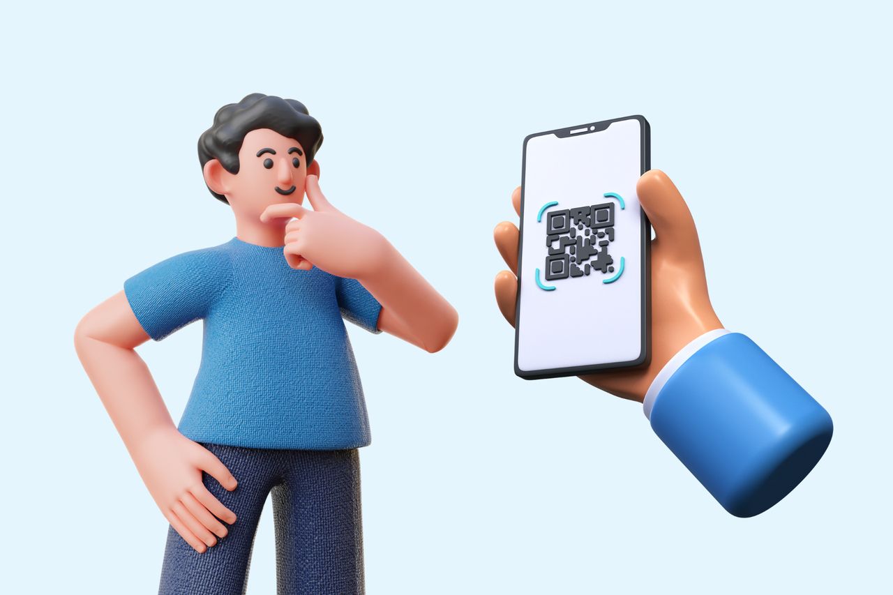 an illustration of a man thinking and a QR code on a phone screen next to him