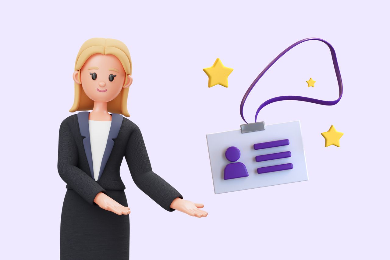 an illustration of a woman in suit next to a business card