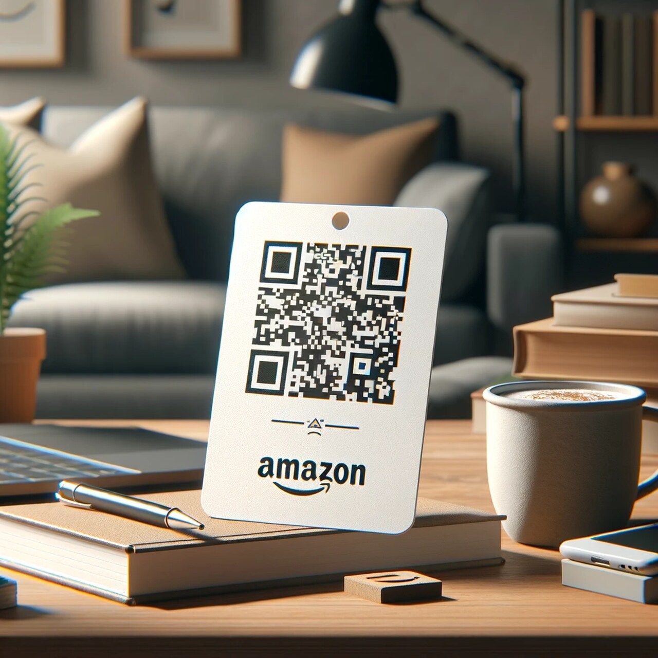 a desk with a prominently displayed QR code card, surrounded by items like books, a small plant, and a coffee mug