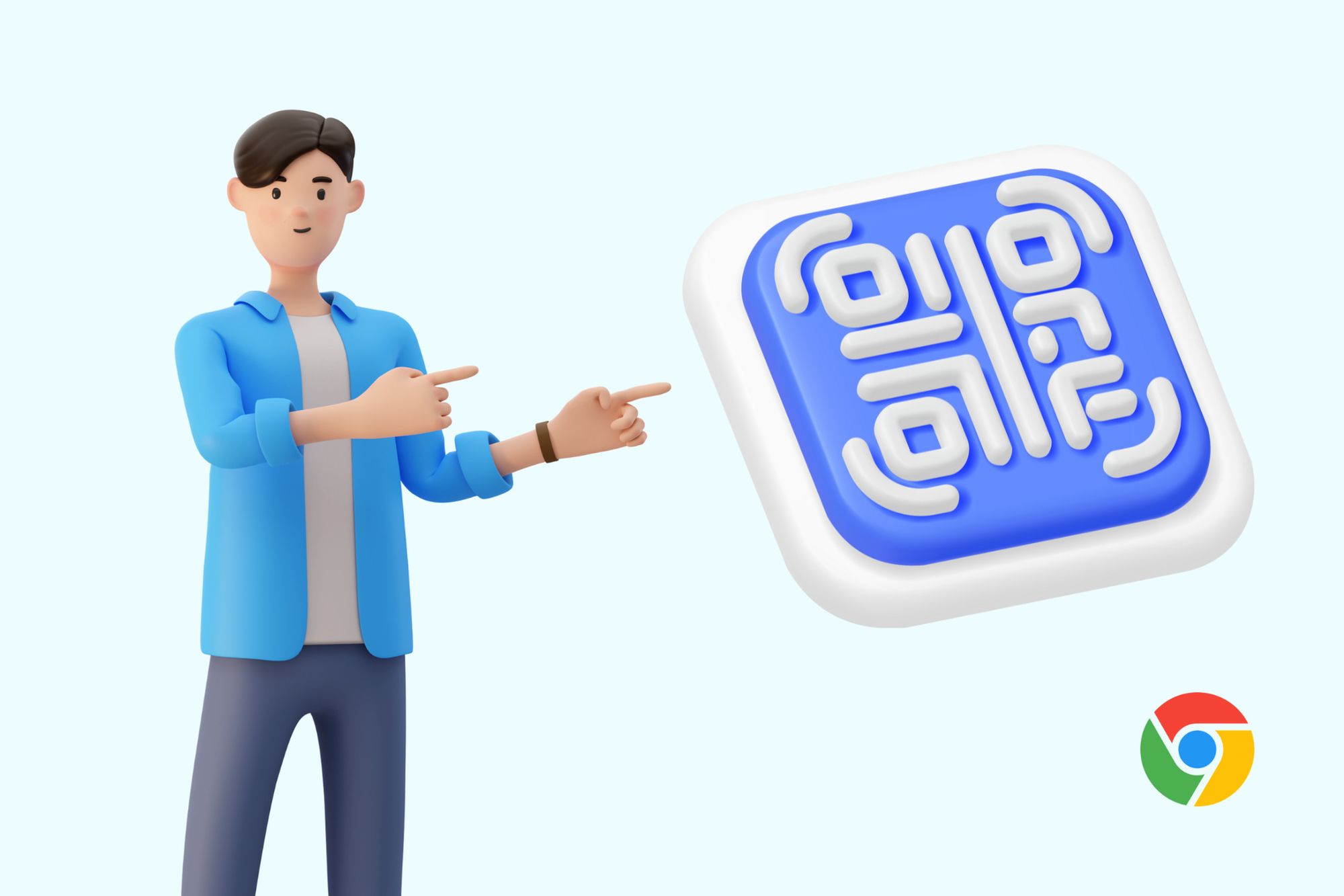 an illustration of a man a QR code and Google Chrome logo
