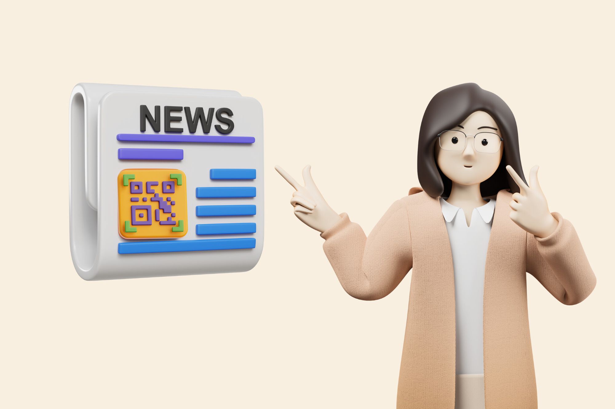 an illustration of a newspaper with a QR code next to a woman