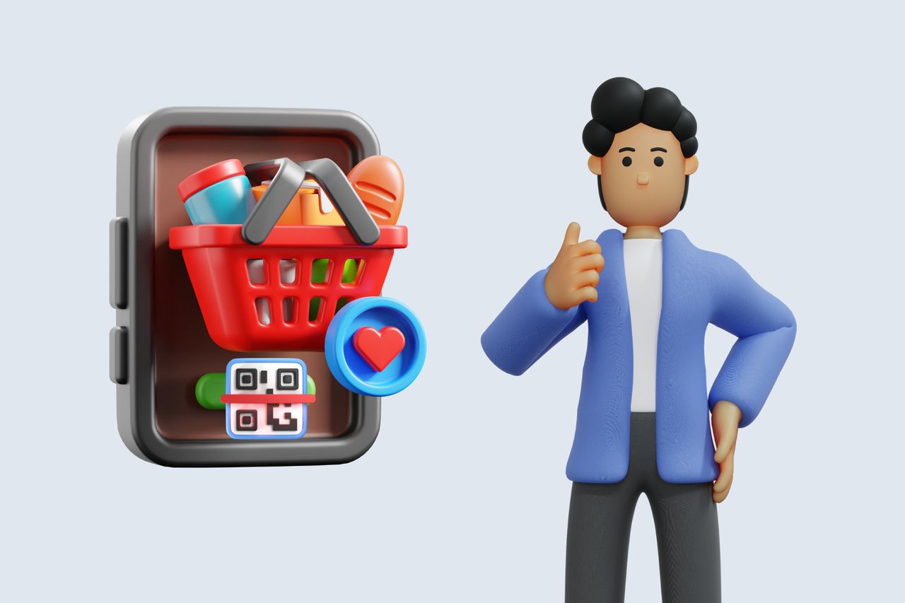 an illustration of a phone with a wishlist and QR code next to a man
