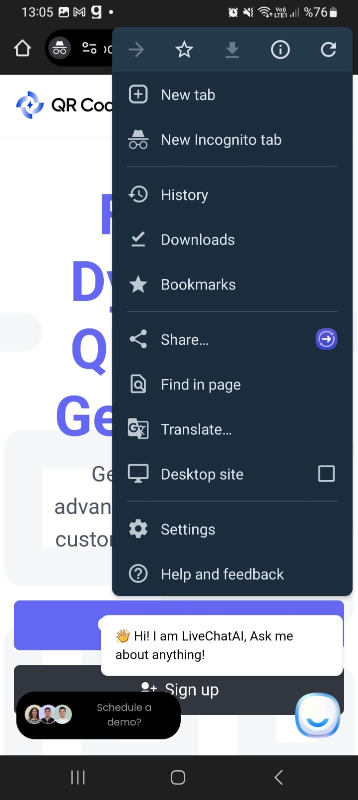 clicking share icon on Google Chrome on Android device