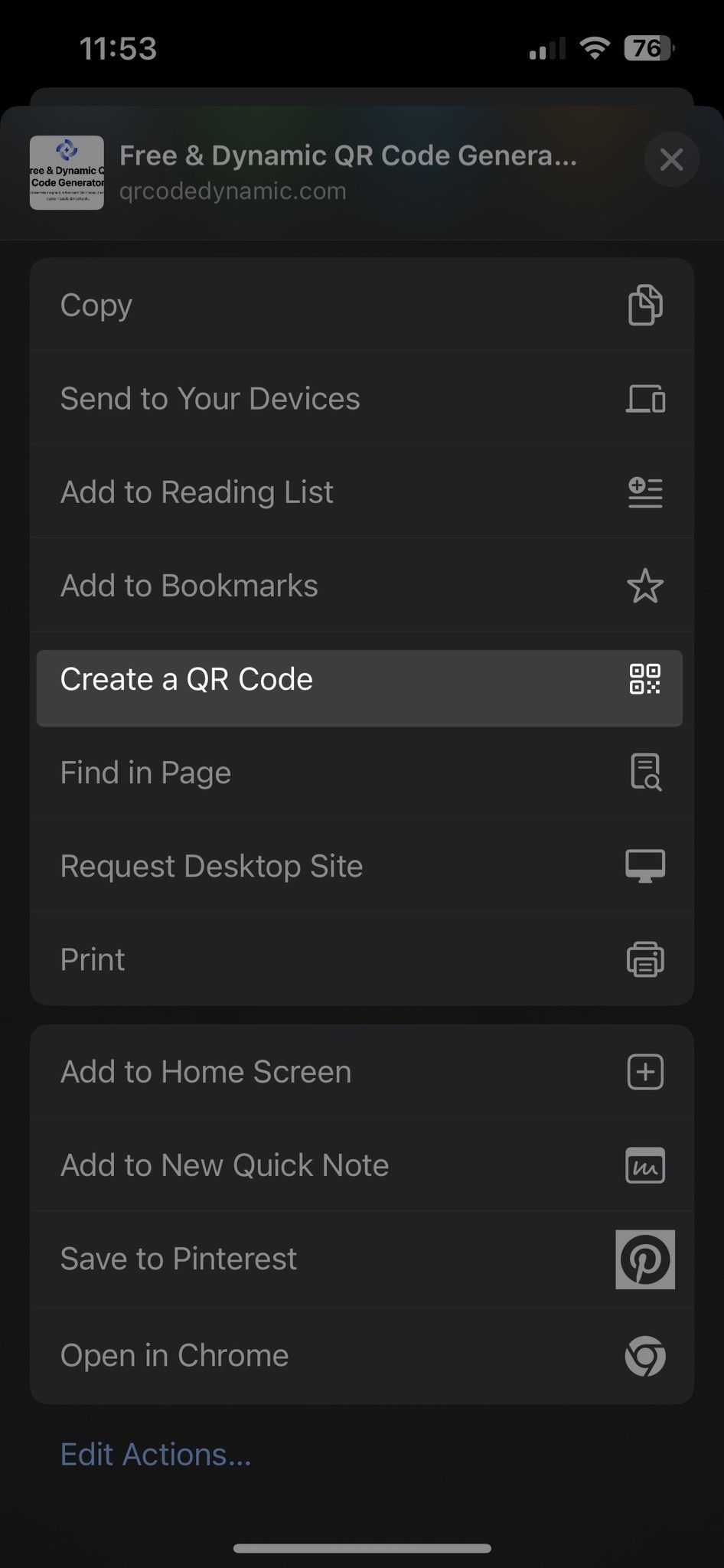 a screenshot of create a QR code part on Google Chrome on an iOS device