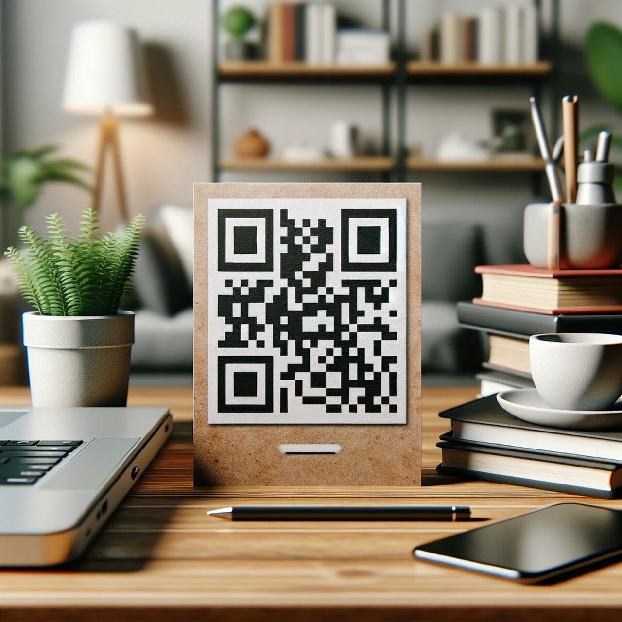 a home office desk with a prominently displayed QR code card, books, a small plant