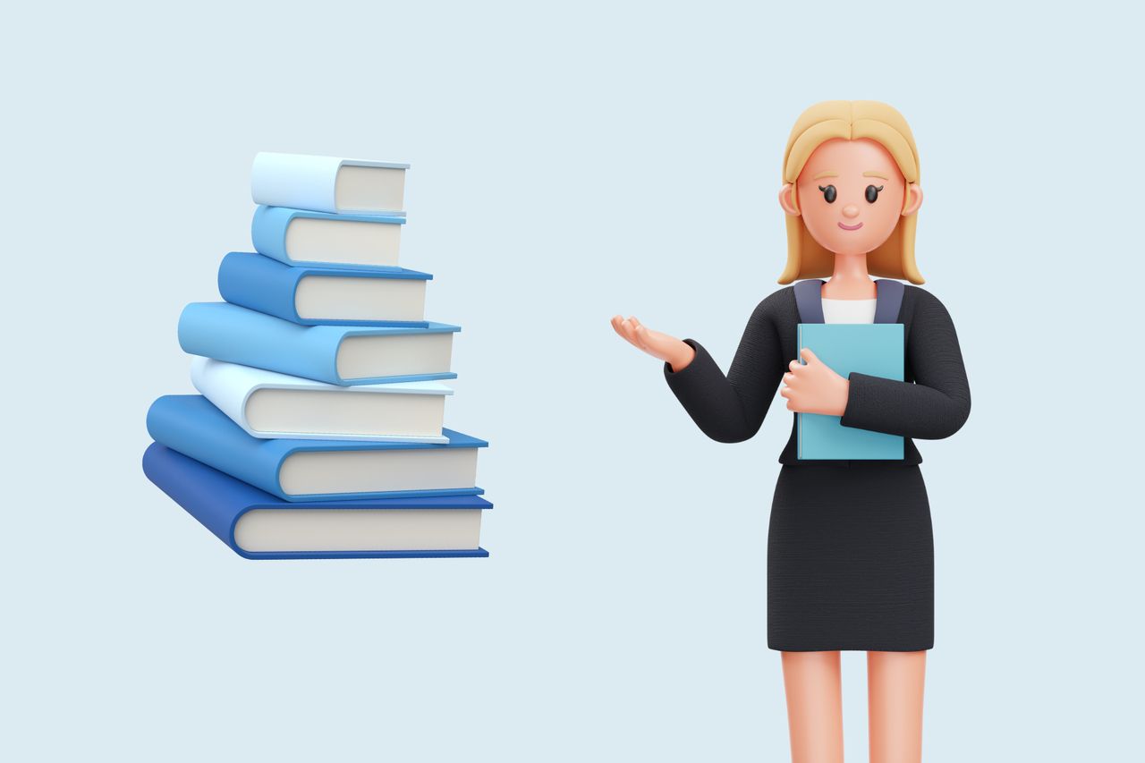 an illustration of a woman holding a book and books next to her