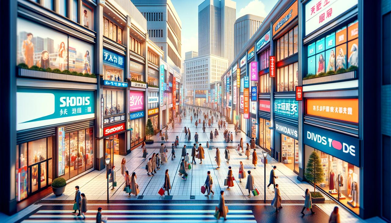 A panoramic view of a busy retail shopping street, showcasing various retail stores with colorful storefronts and signage