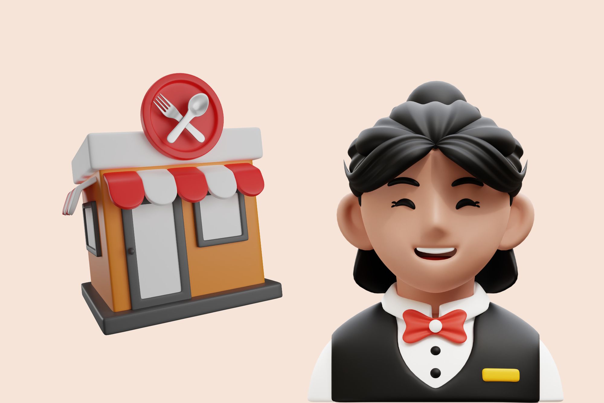 an illustration of a restaurant and a waiter smiling