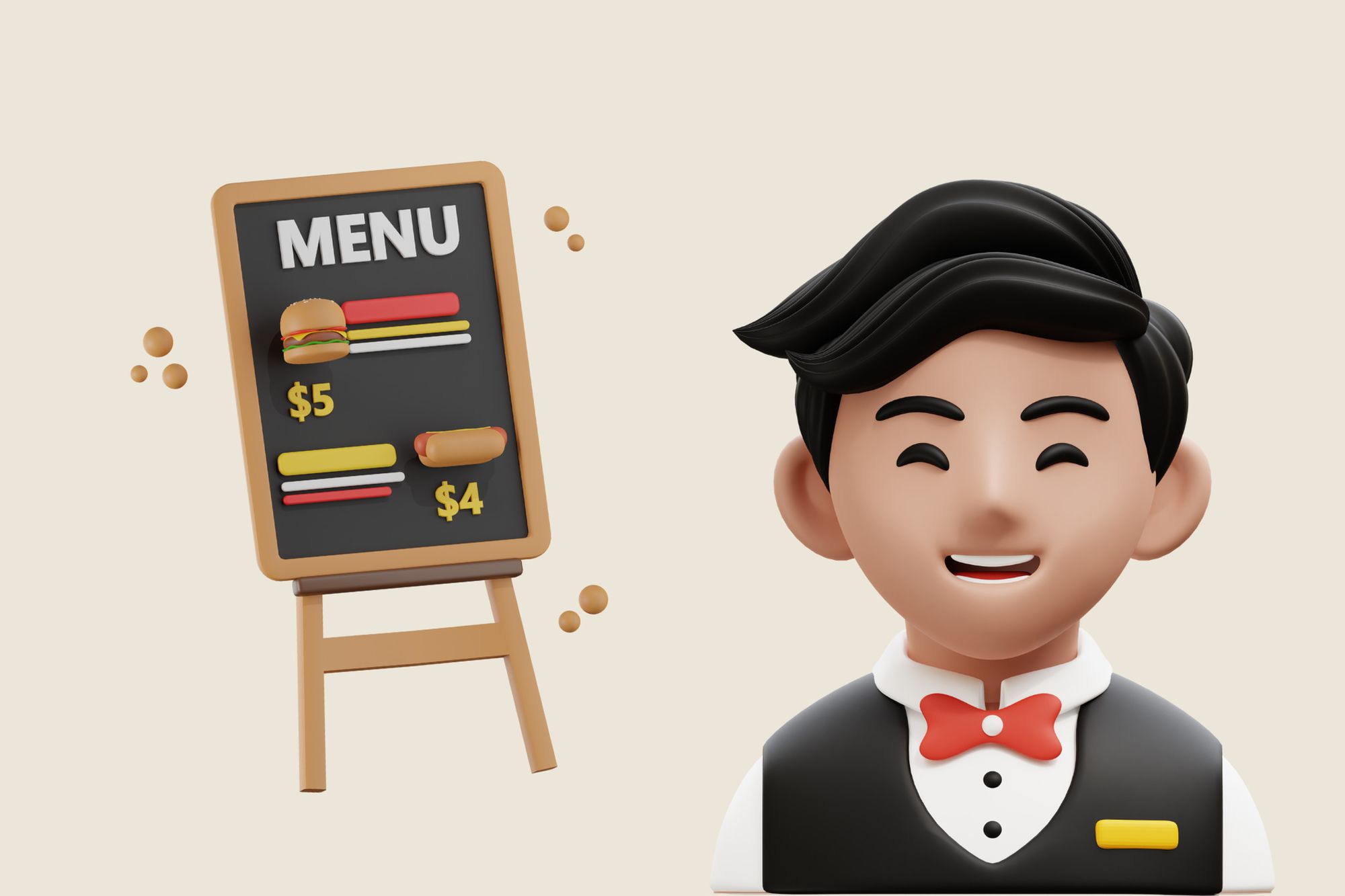an illustration of a restaurant menu and waiter next to it smiling