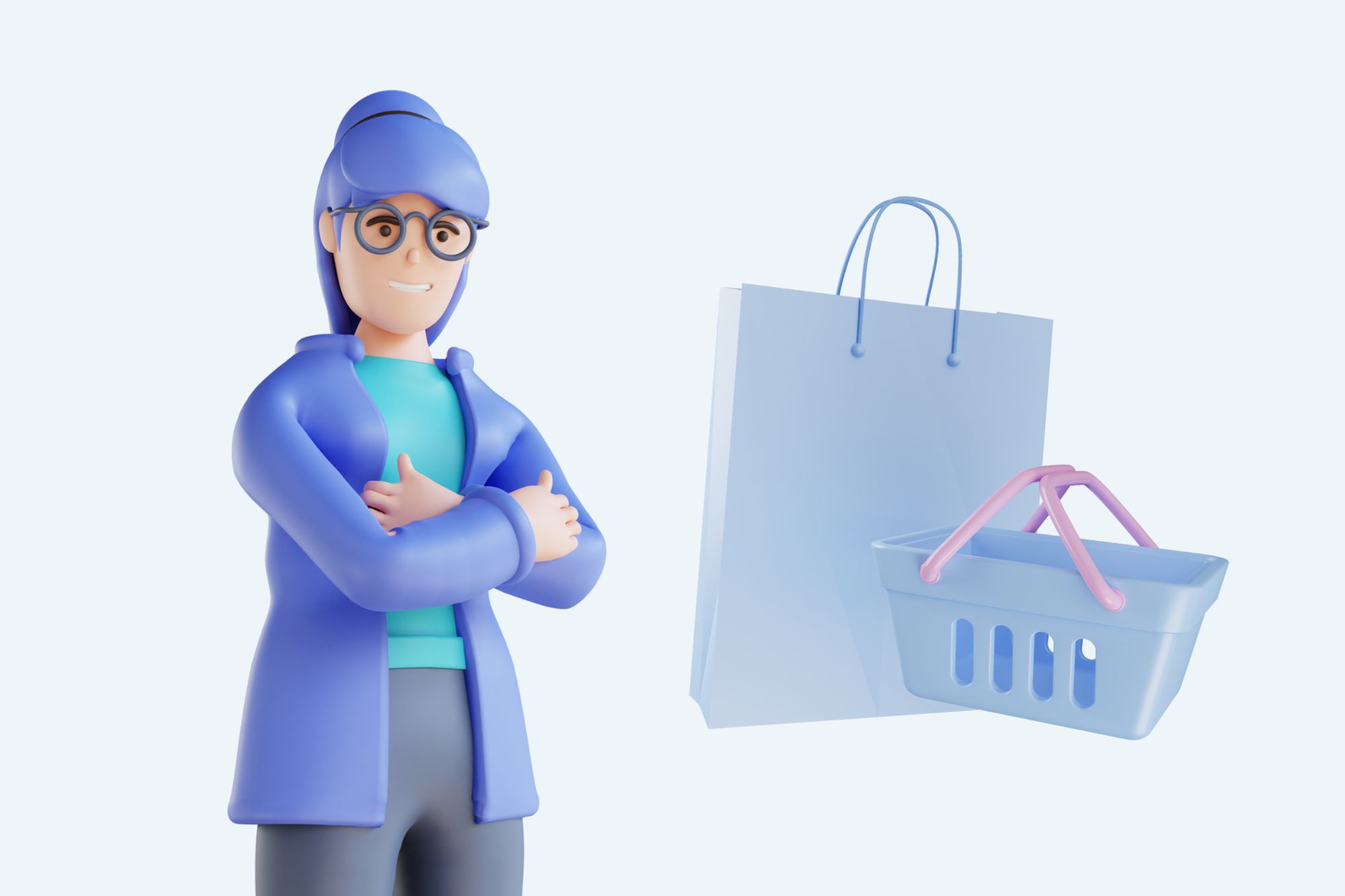 an illustration of a woman smiling next to shopping bag and shopping basket