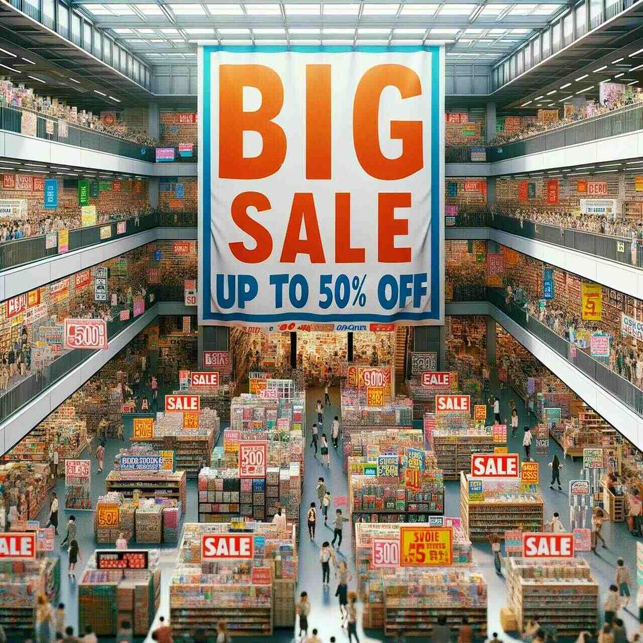 a retail store with a sale offer banner