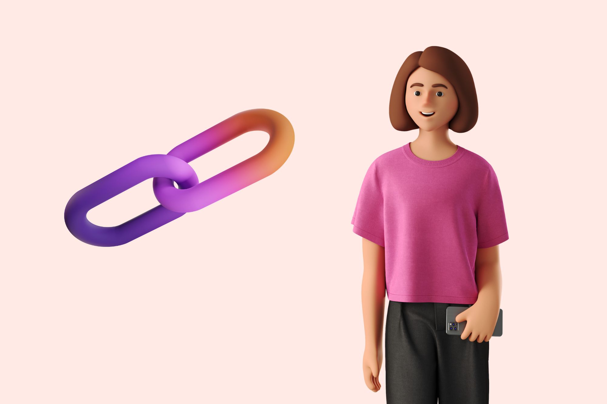 an illustration of a link and a woman smiling next to it