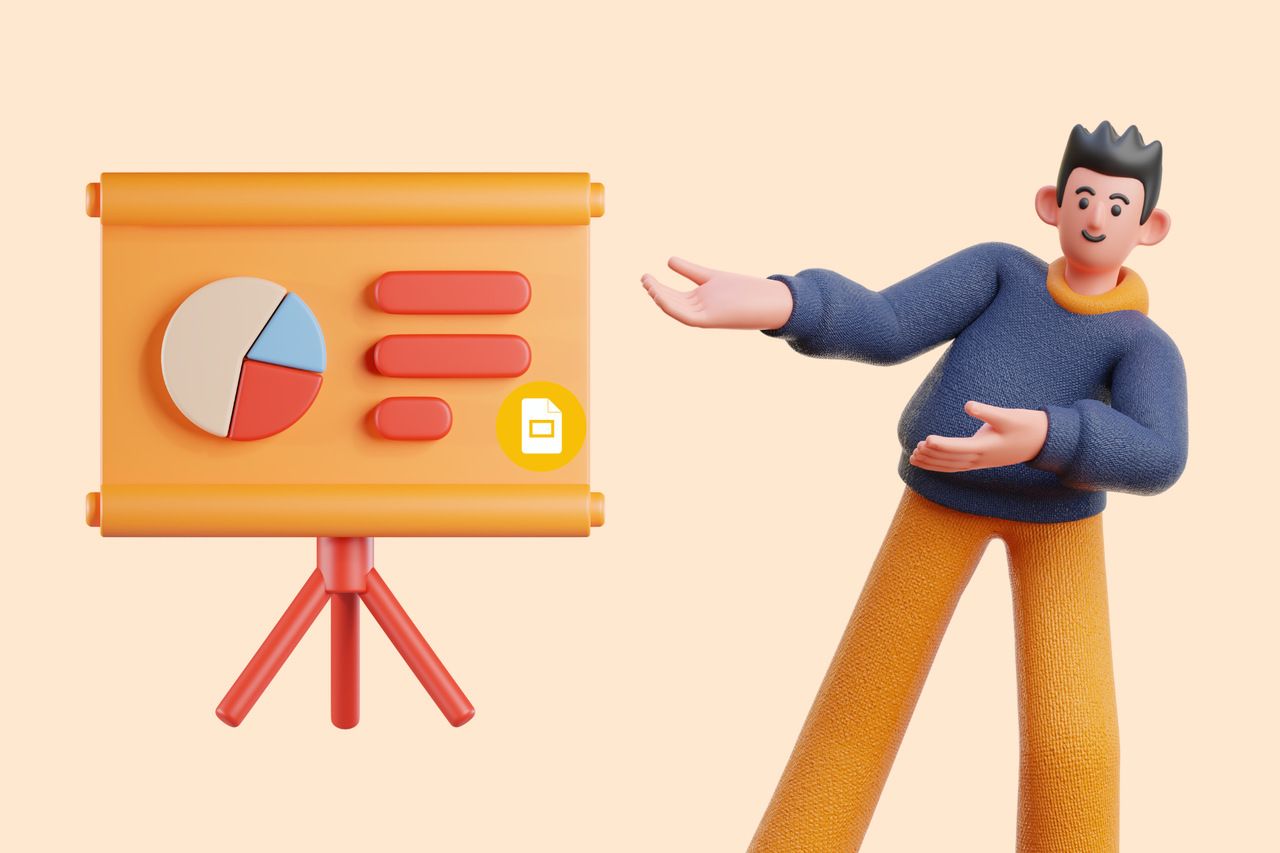 an illustration of a man displaying a slide with a Google Slides logo