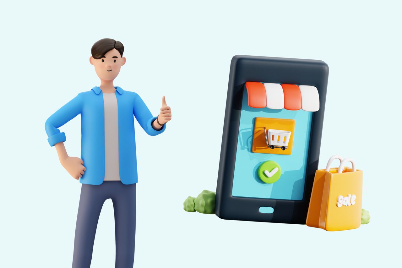 an illustration of a man next to a phone showing online store