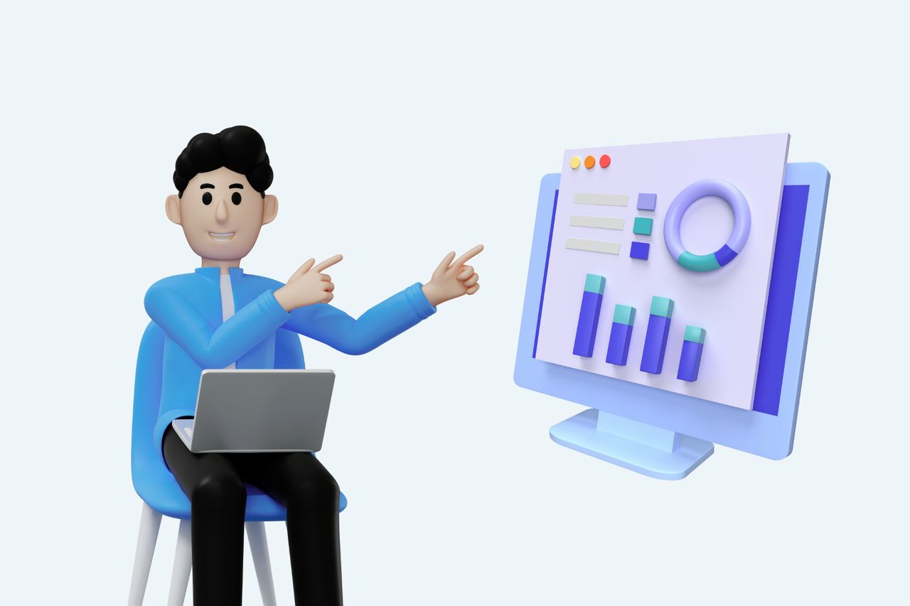 an illustration of a man showing a computer screen with data