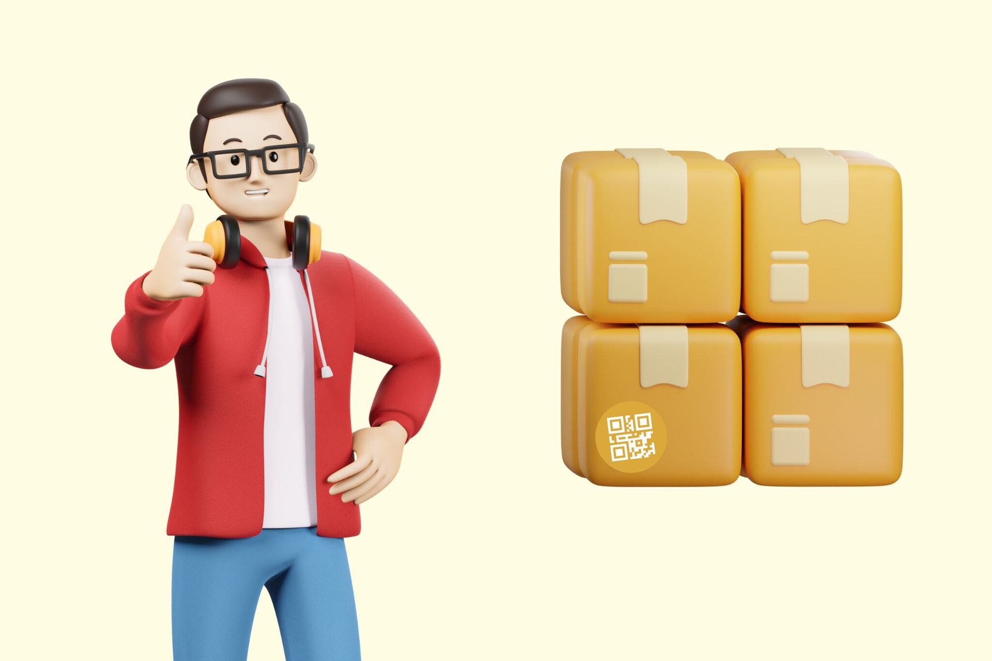 an illustration of a man smiling and QR code with organized storage