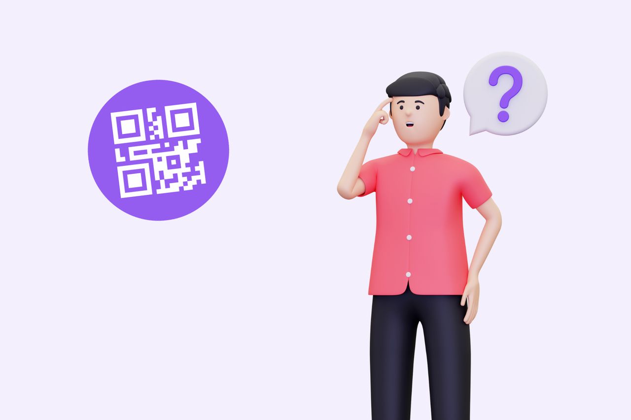 an illustration of a QR code and a man thinking with a question mark