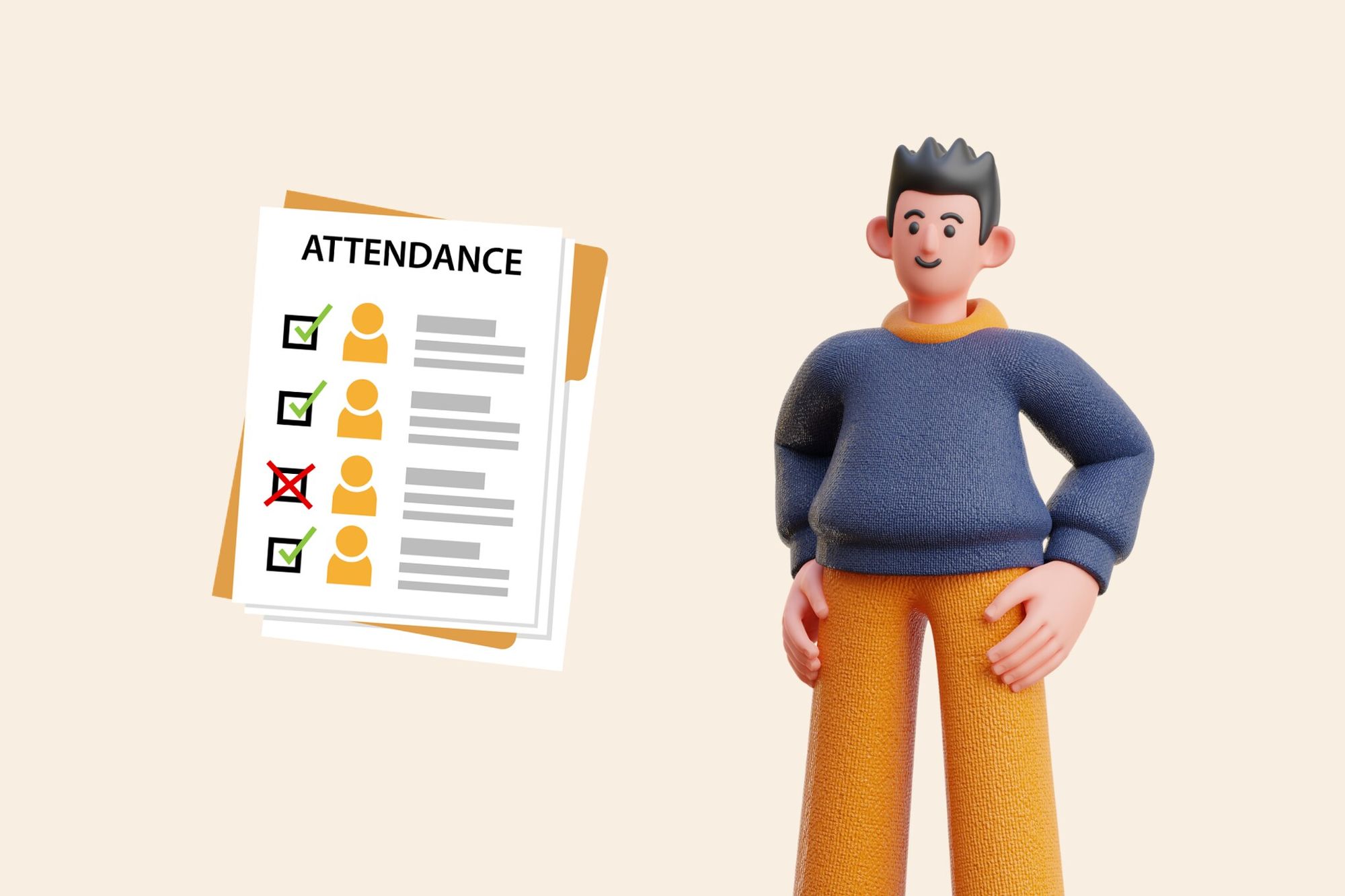 an illustration of attendance sheet and a man smiling next to it