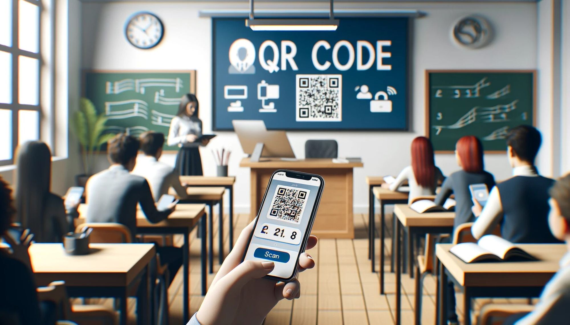 classroom with students and a qr code for attendance on the board