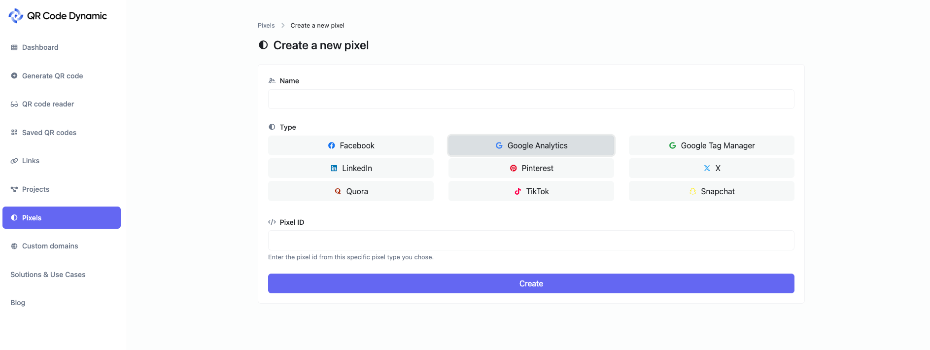 Creating a new pixel in QR Code Dynamic to track QR codes in Google Analytics