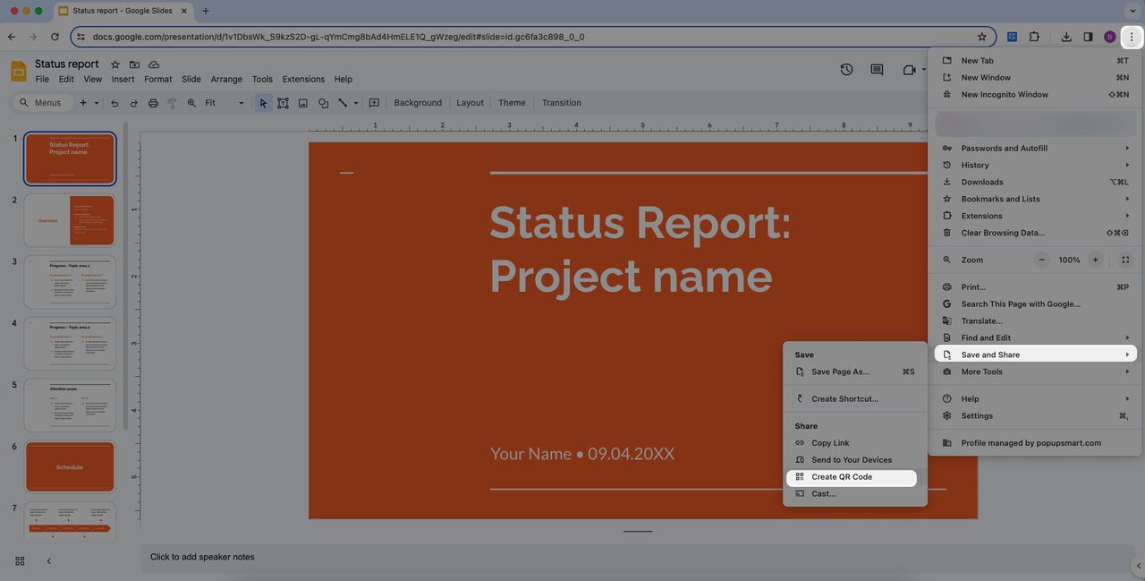a screenshot of creating a QR code for Google Slides on Google Chrome