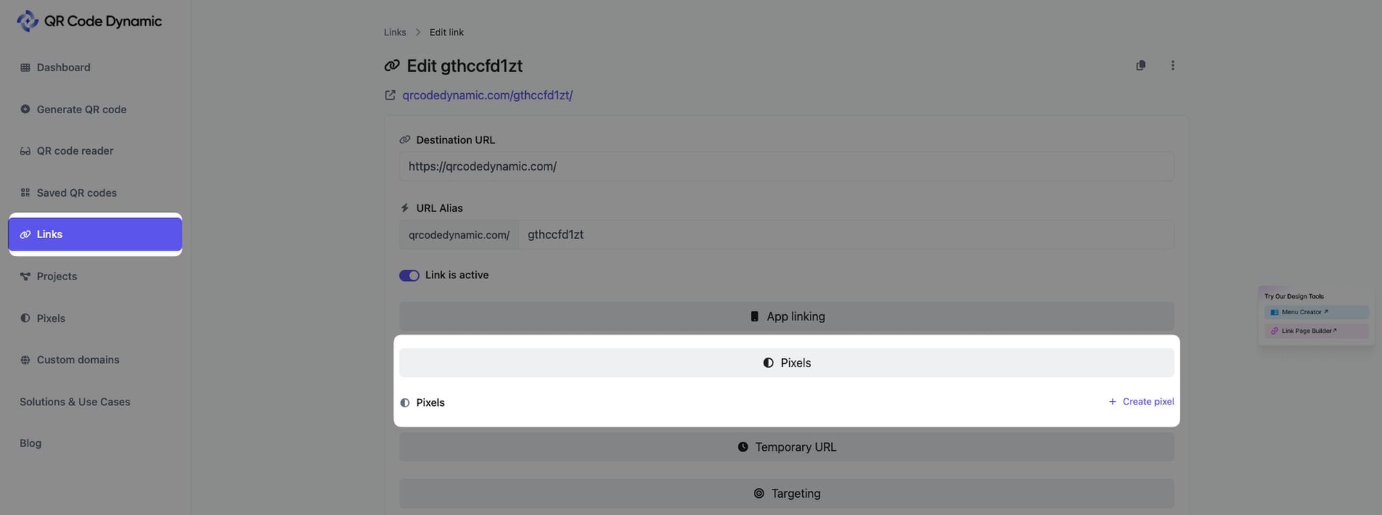 creating new pixel from links page on QRCodeDynamic