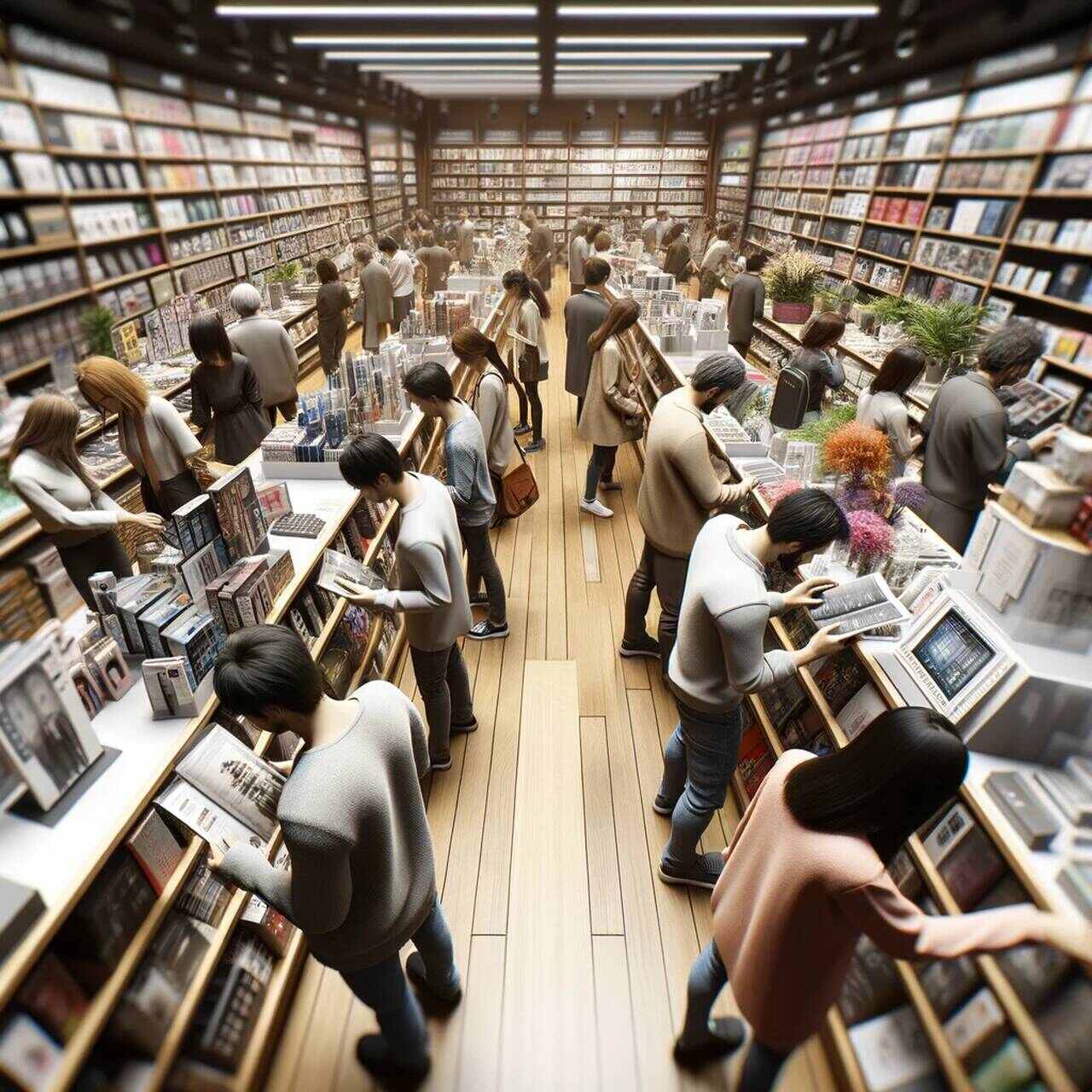  A view inside a retail store, showing a detailed scene of customers engaging with products