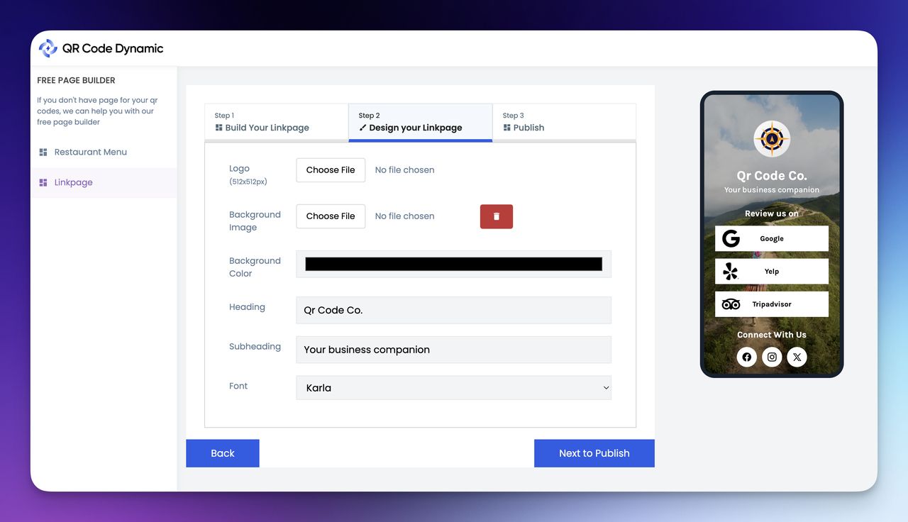 designing step of link page builder of QRCodeDynamic