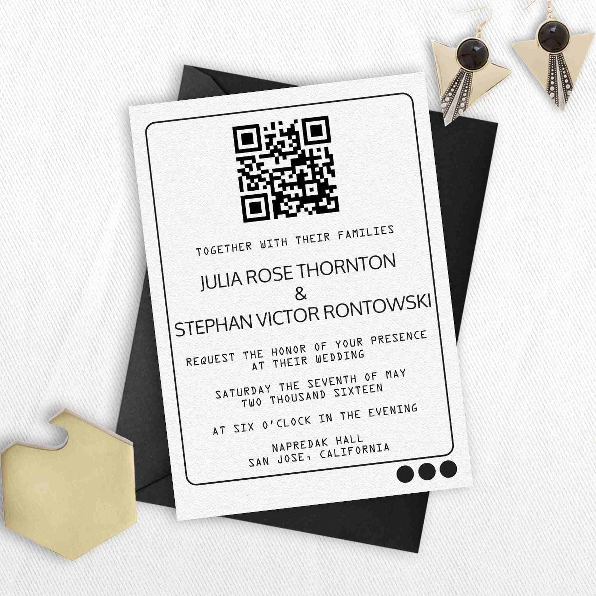 An example of a decorative wedding invitation with a scannable QR code for easy RSVP and event details