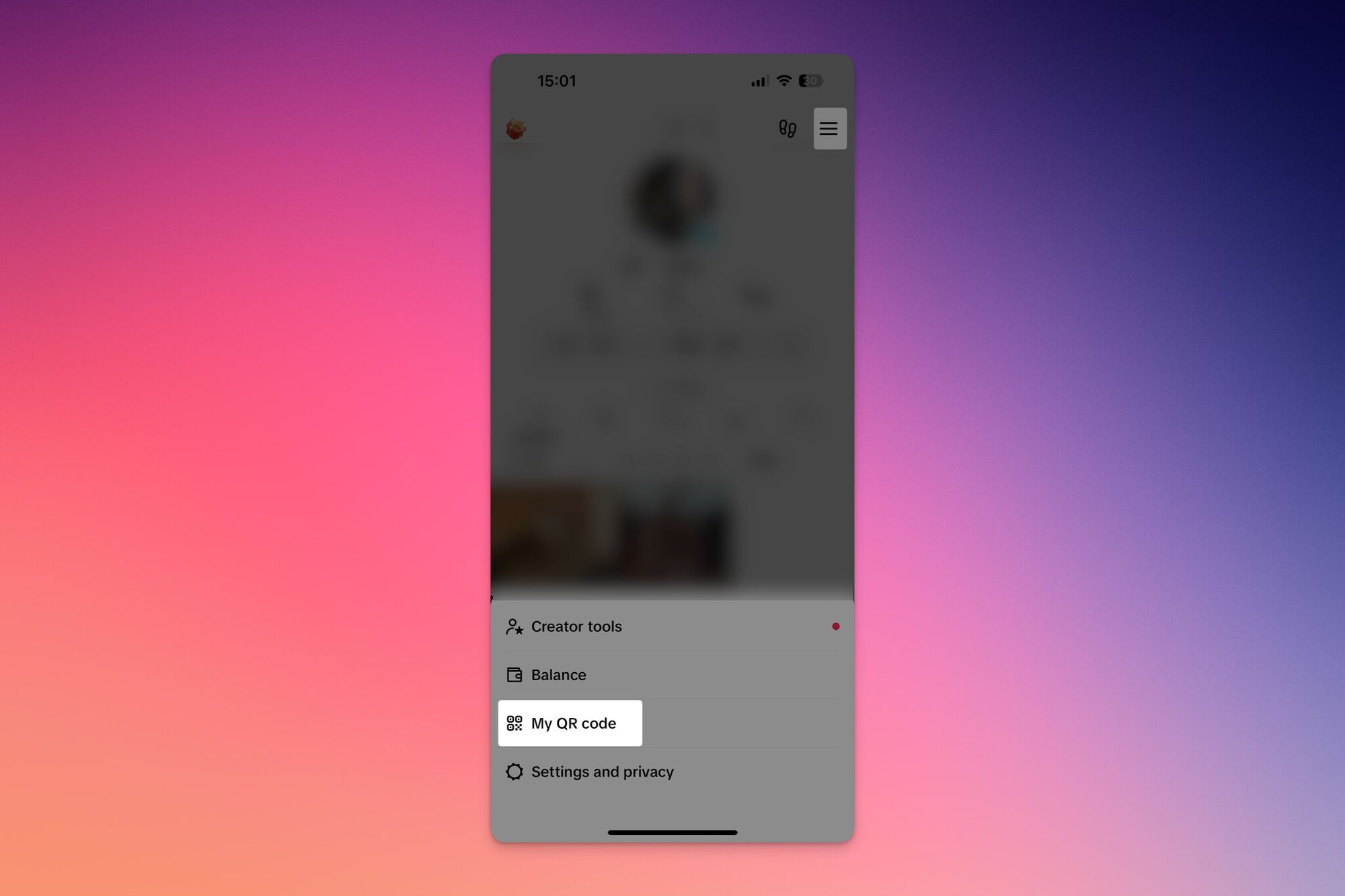 Opening the My QR code panel from the TikTok side menu