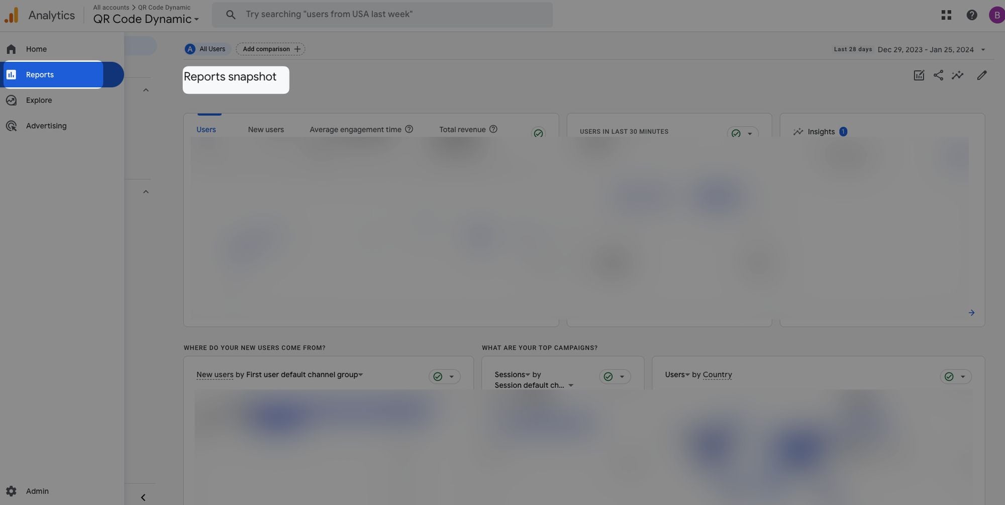 screenshot of reports page of google analytics 4