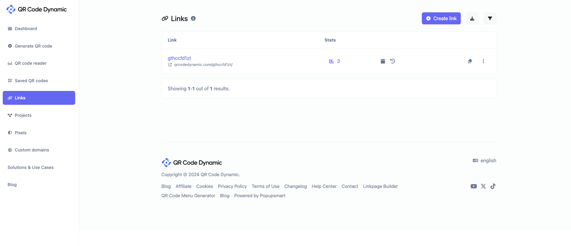Dashboard interface showing how to redirect a QR code link in QR Code Dynamic