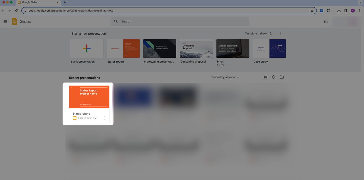 a screenshot of opening a slide on Google Slides