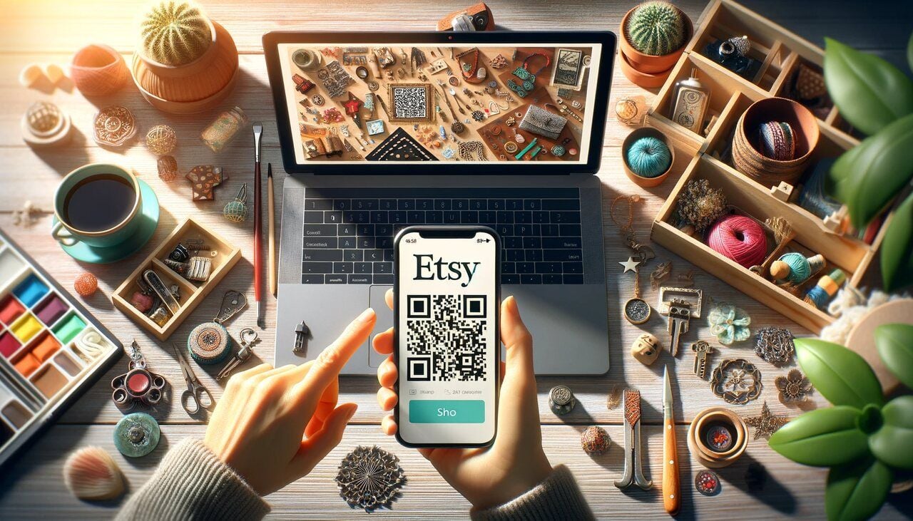 person holding a smartphone with an Etsy QR code