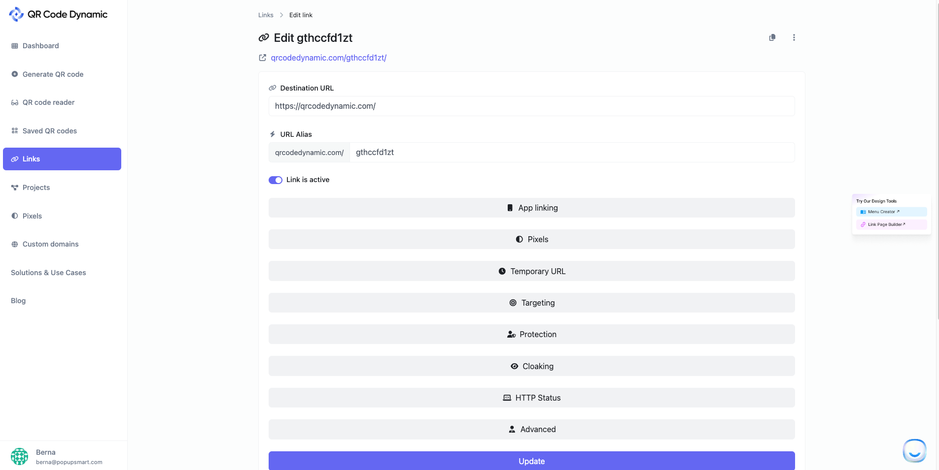 Editing destination URL to redirect a QR code in QR Code Dynamic dashboard
