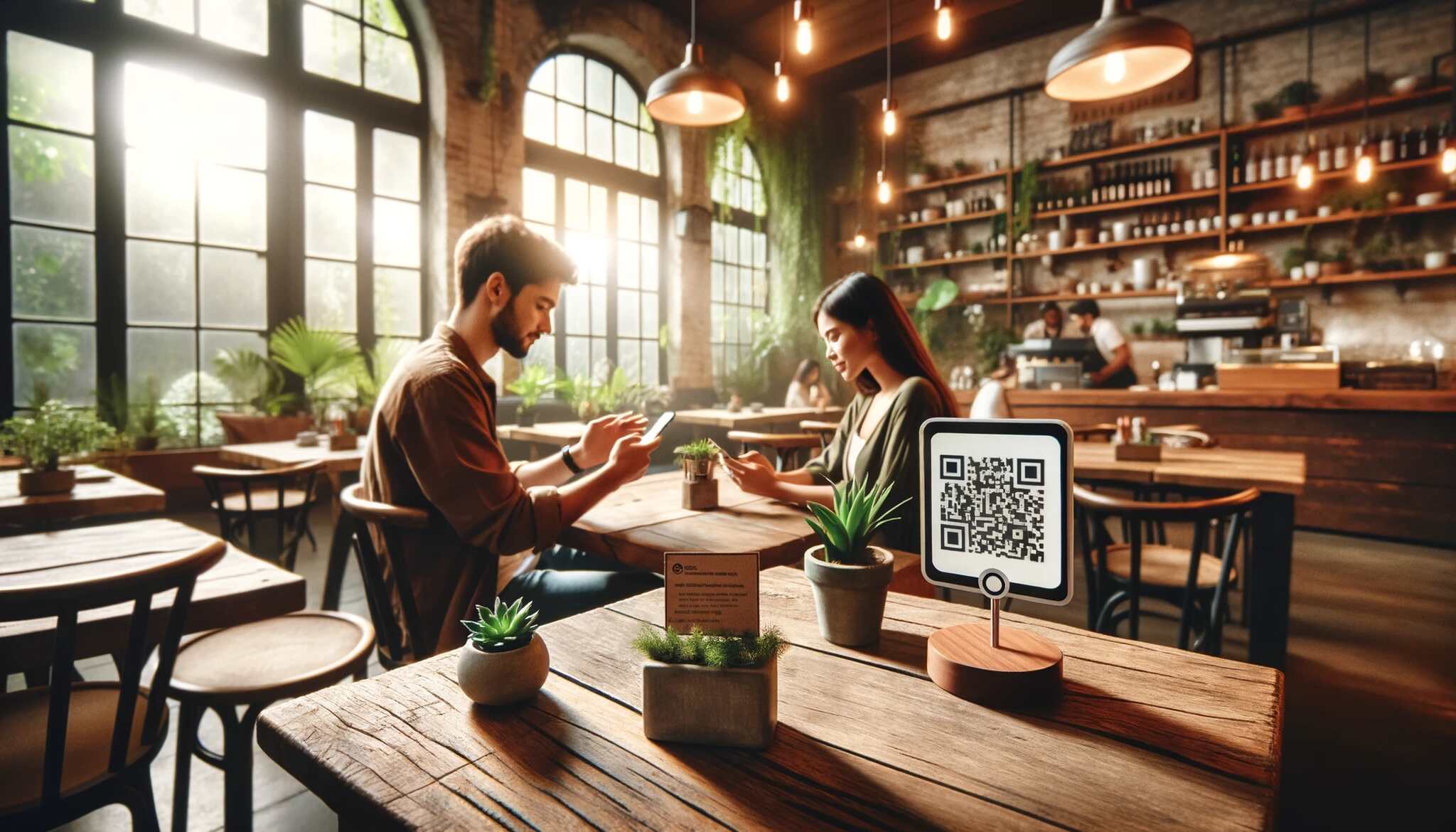A cozy hotel cafe, QR code on the table and two people checking their phones
