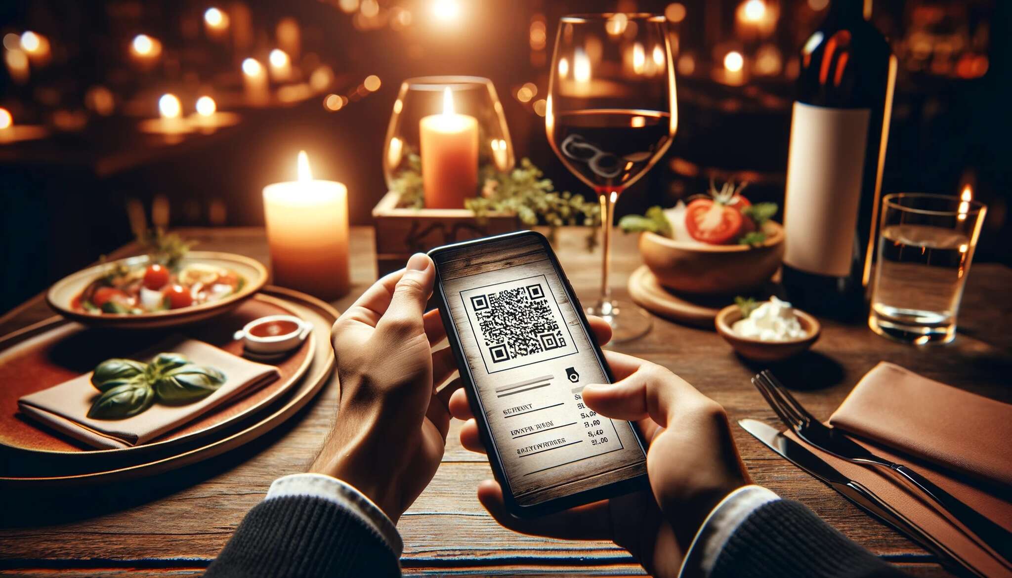 a hand scanning a restaurant menu using a smartphone