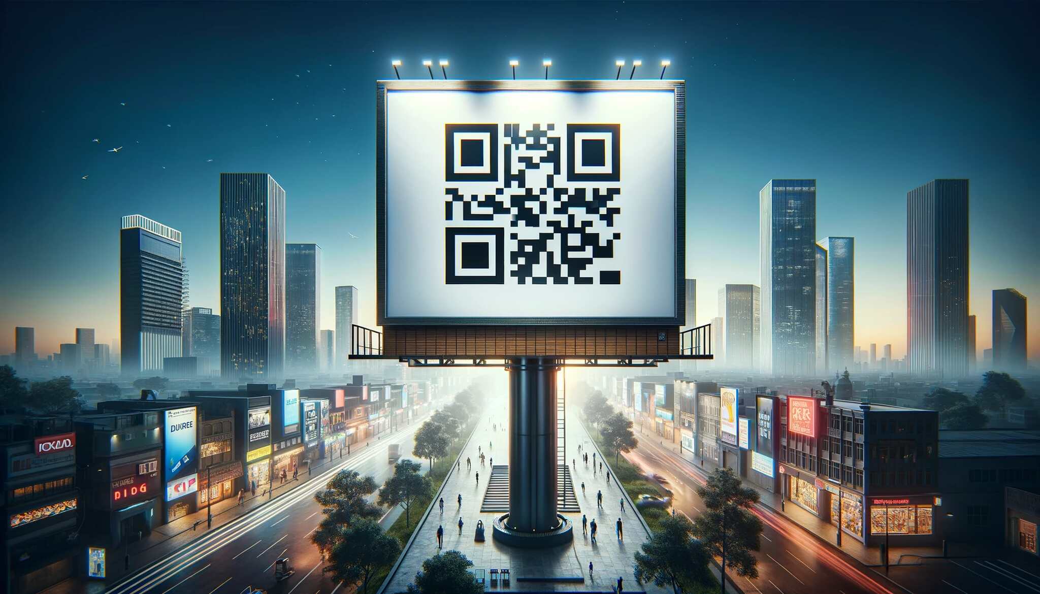 Modern city skyline with a QR code on a billboard among tall buildings