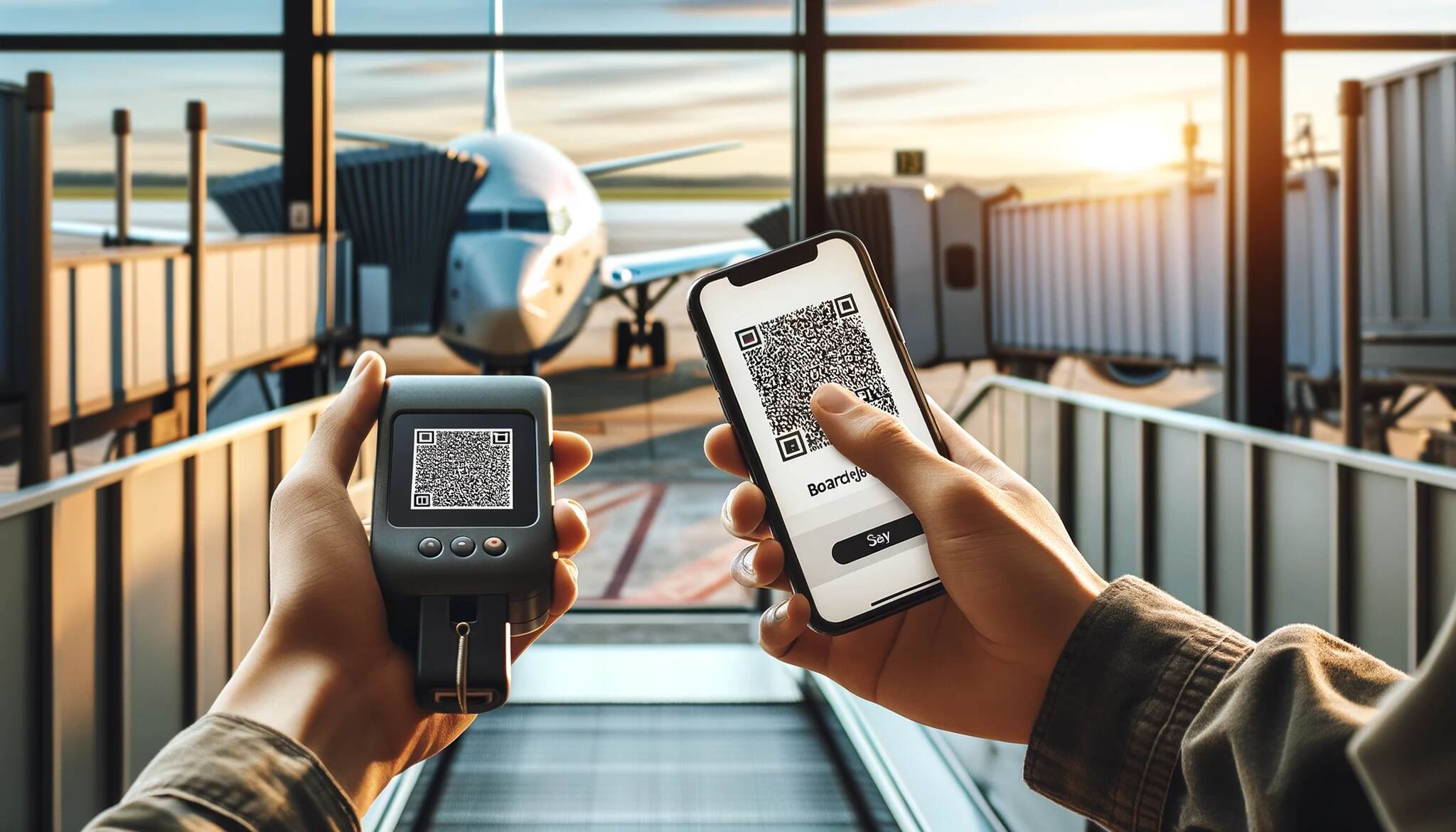 Passenger at boarding gate showing mobile boarding pass on smartphone screen