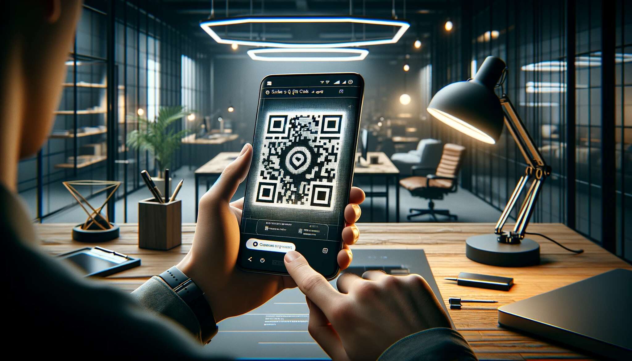 person checking a printed Telegram QR code on a flyer in a retail setting